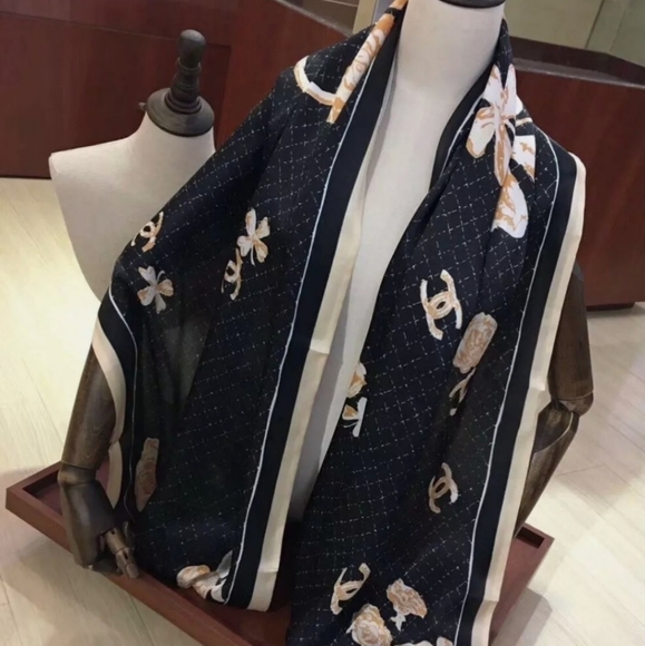 AUTHENTIC BLACK CHANEL LONG SILK SCARF - Picture 8 of 9